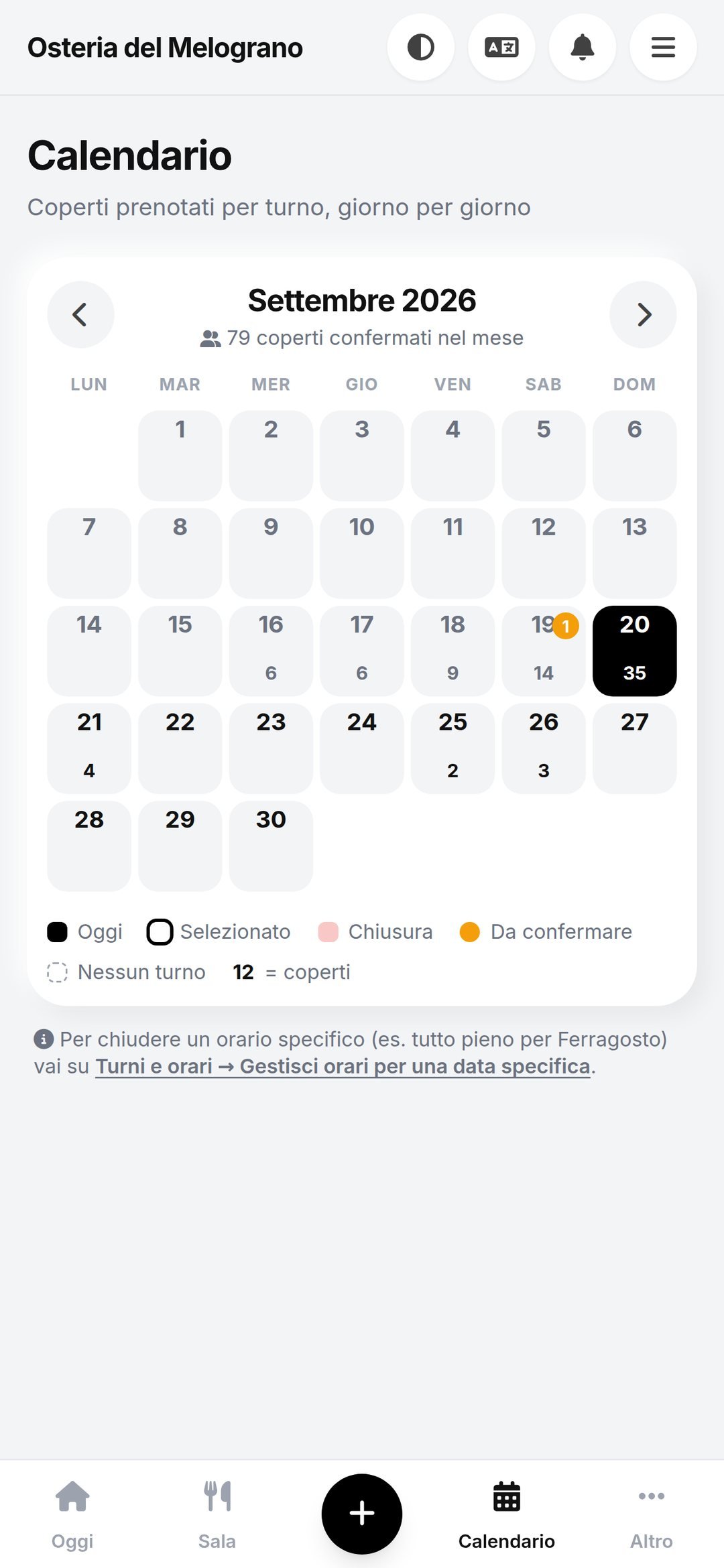 Calendario, turni e chiusure in Tavolium